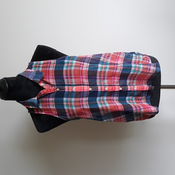 Aeropostale sheer madras plaid sleeveless blouse with flutter cross back… - Picture 1 of 6